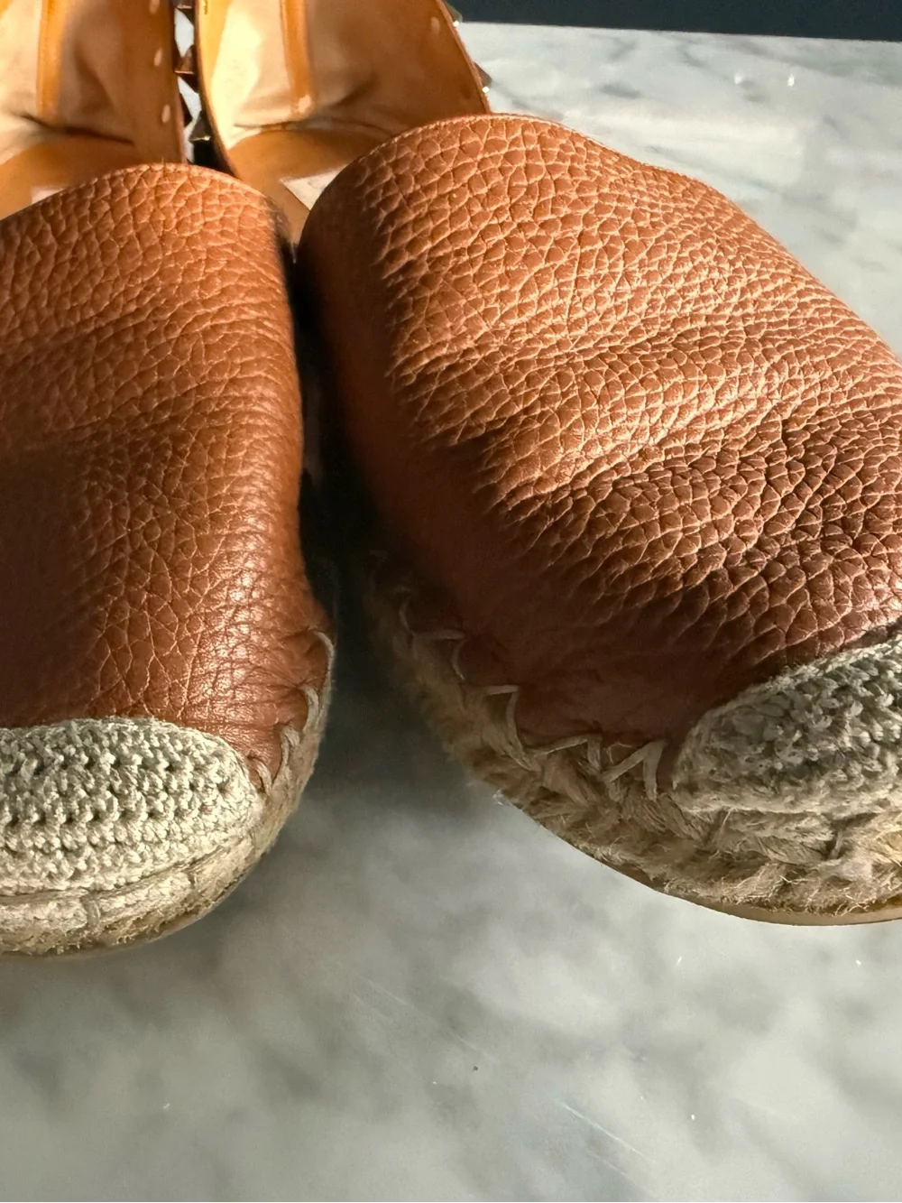 Valentino Garavani Tan Leather Studded Espadrille Flats with Ankle Straps